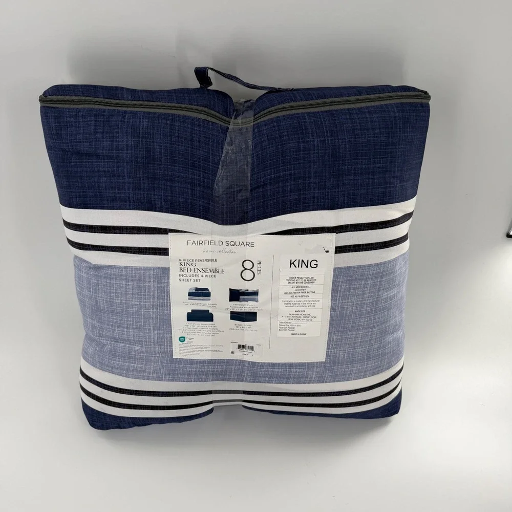 Fairfield Square King 8 Piece Reversible Bed Ensemble Blue Stripe Comforter Set